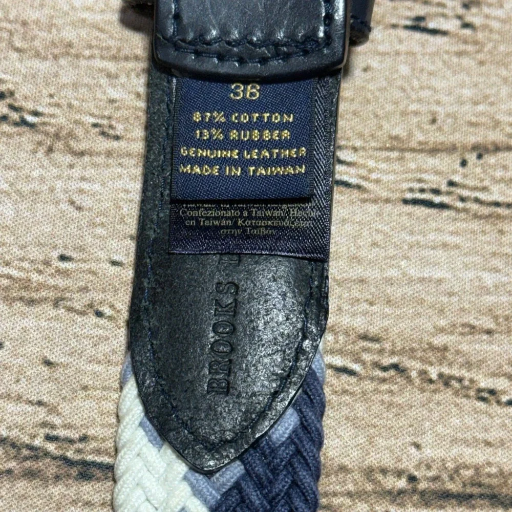 Brooks Brothers Braided Belt Mens 36 Blue White Woven Cotton Leather Trim